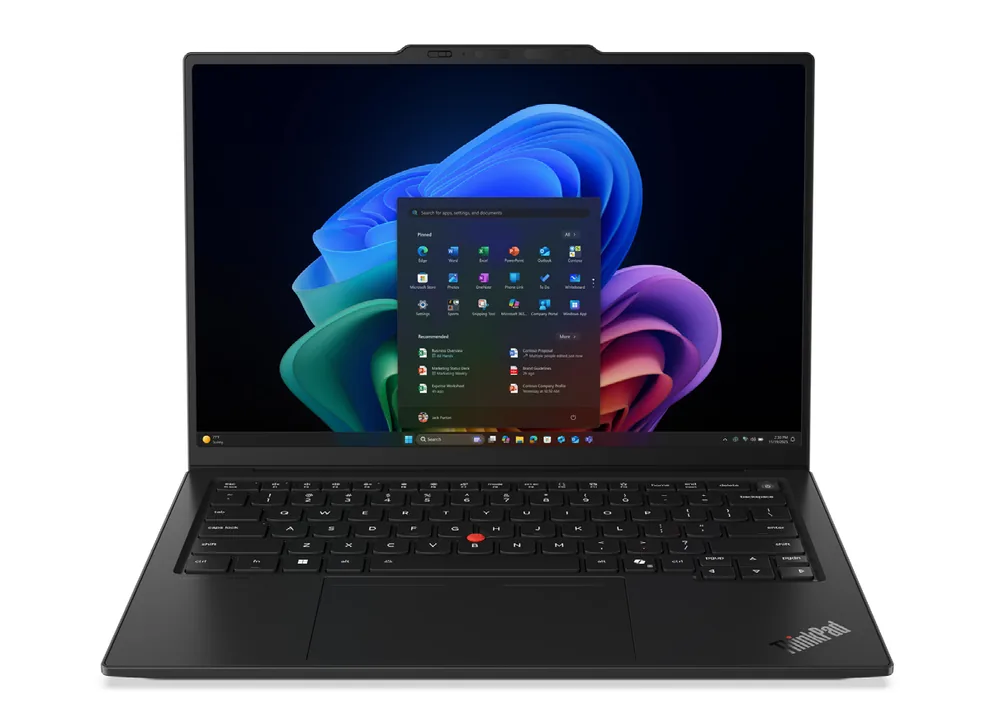 Lenovo ThinkPad X1 Carbon Gen 14 laptop open, front view, black with the Windows desktop on screen