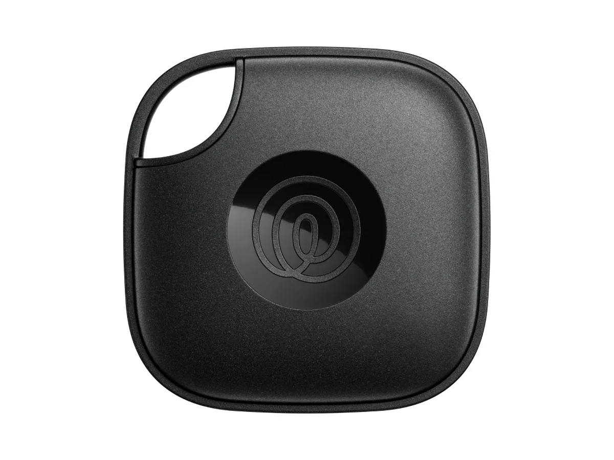 Black Life360 Tile Mate Bluetooth tracker, front view