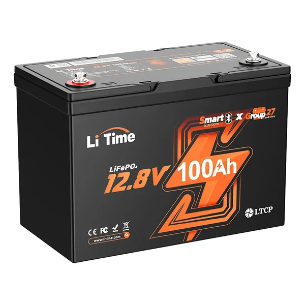 Black LiTime 12V 100Ah Group 27 LiFePO4 lithium battery with an orange Bluetooth label