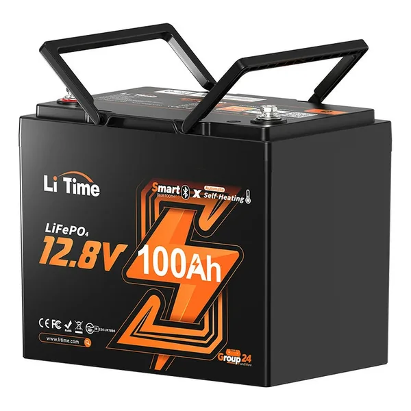 Black LiTime 12V 100Ah Group 24 self-heating LiFePO4 lithium battery with two carry handles