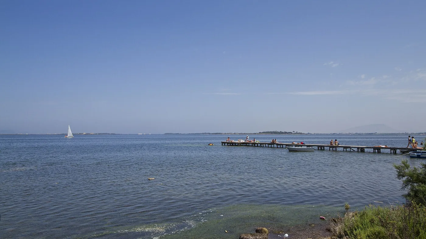 Calm shallow water of the Stagnone lagoon near Marsala in Sicily