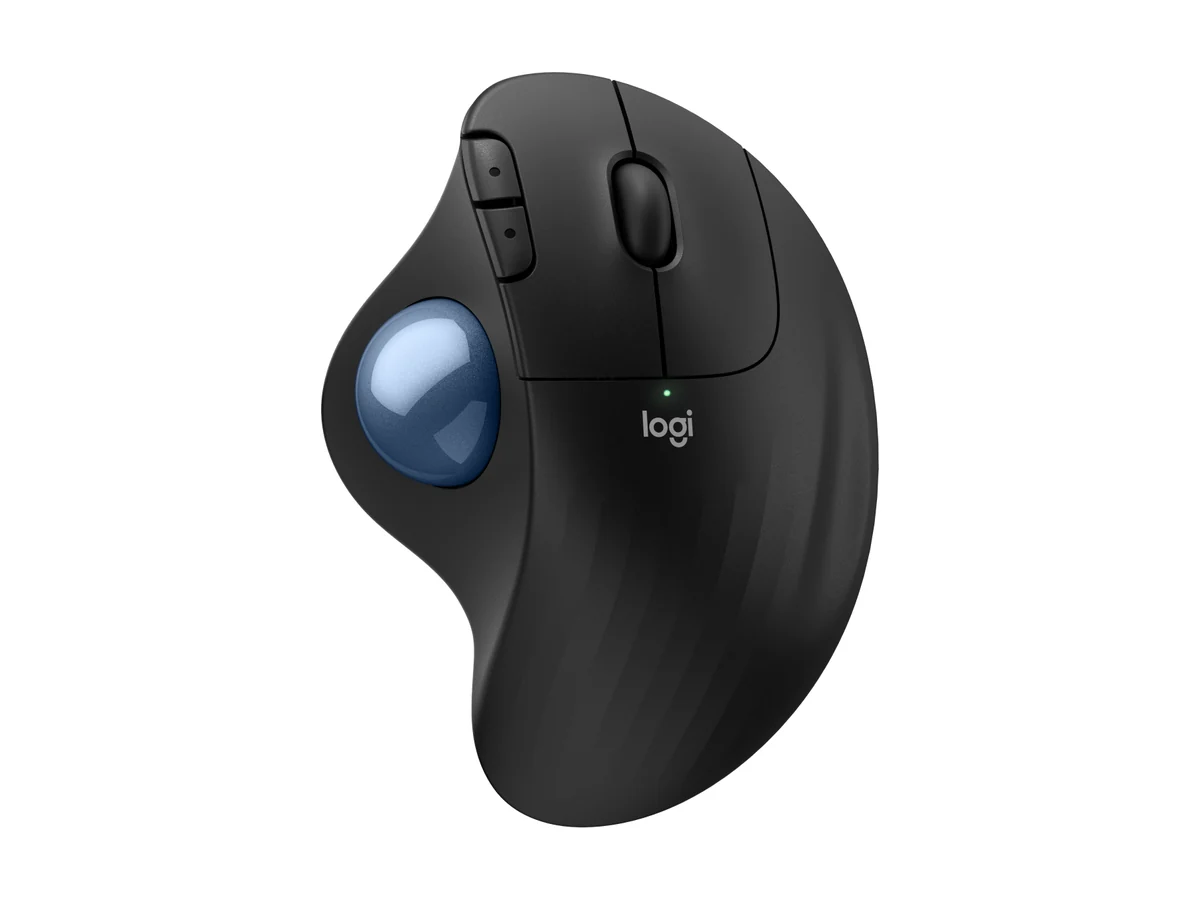 Ratón trackball Logitech ERGO M575S en negro con bola azul, visto desde arriba