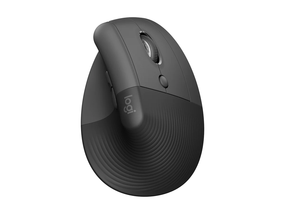 Ratón ergonómico vertical Logitech Lift en grafito, visto desde arriba en ángulo