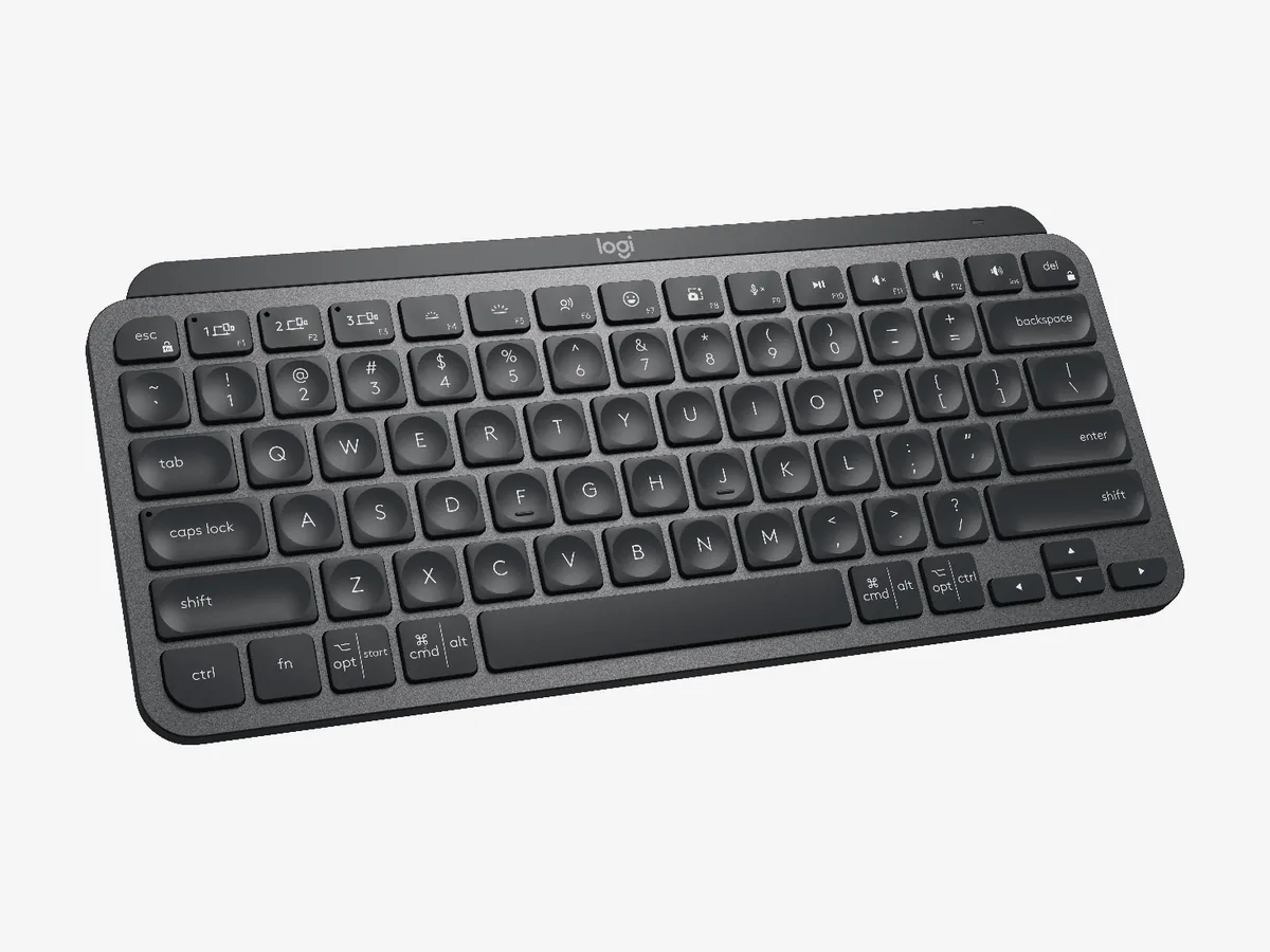 Logitech MX Keys Mini wireless keyboard in graphite seen from the front at a slight angle