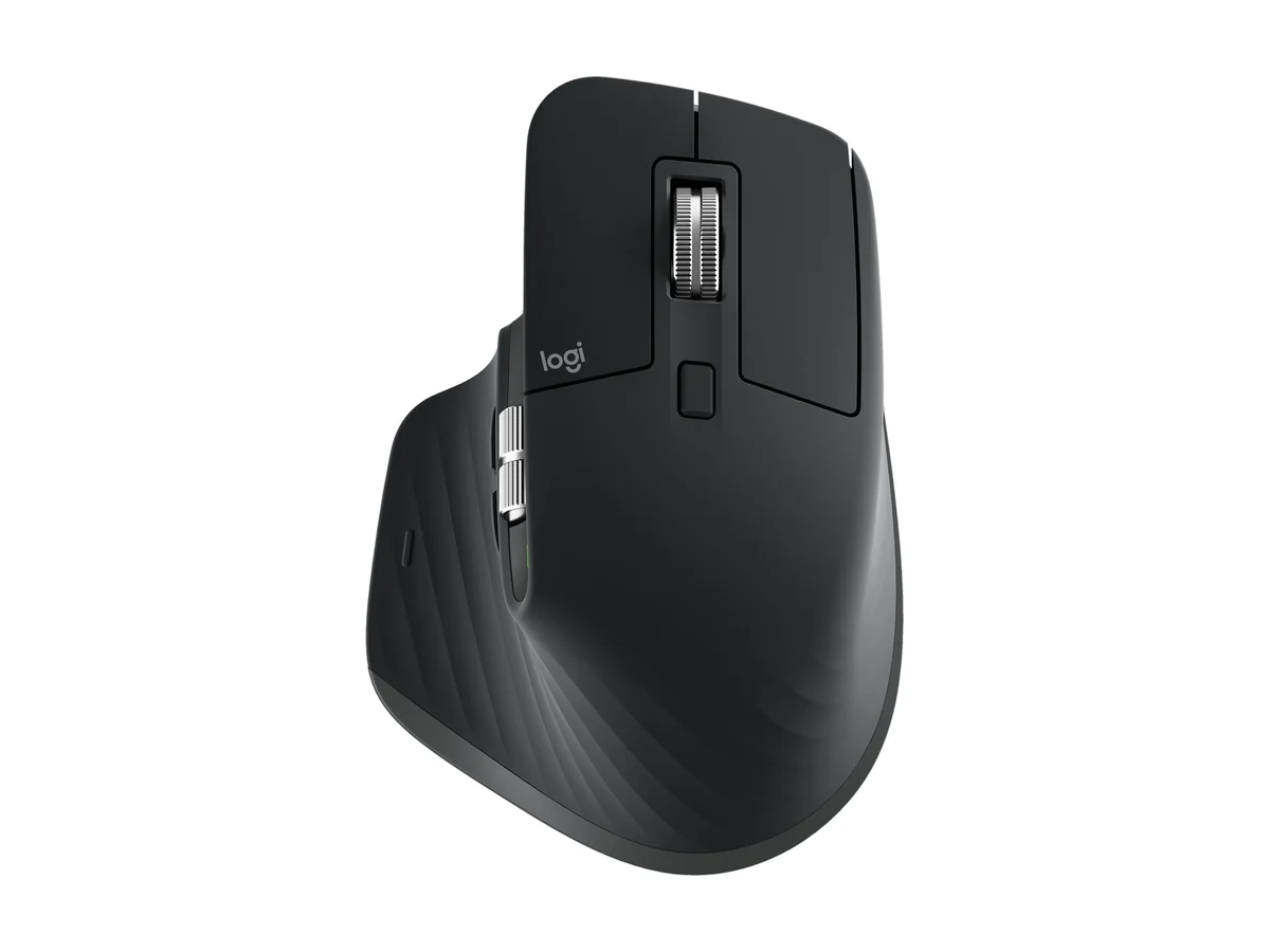 Logitech MX Master 3S Bluetooth Edition wireless mouse in black seen from above with the metal scroll wheel and thumb wheel