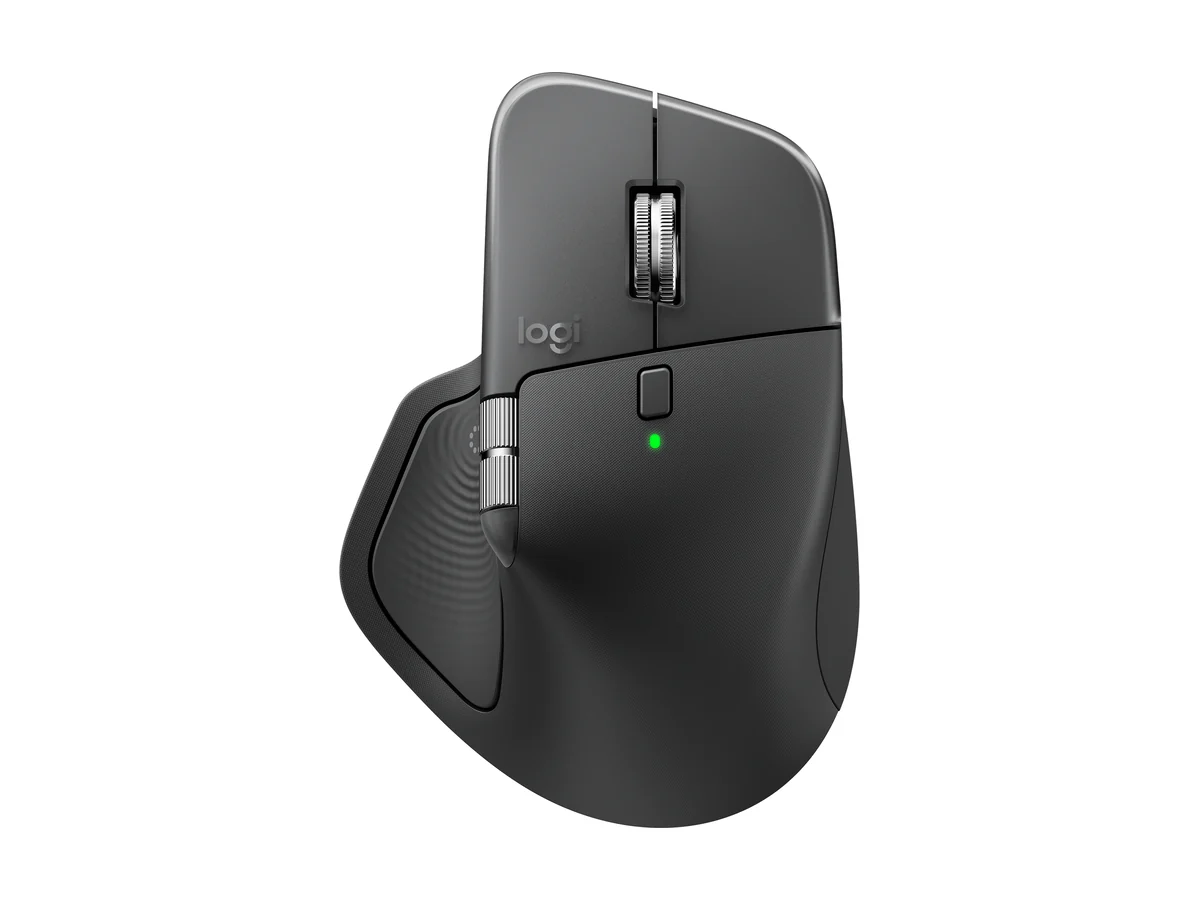 Ratón Logitech MX Master 4 en grafito con reposapulgar esculpido, visto desde arriba en ángulo