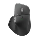 Logitech MX Master 4 wireless mouse in graphite seen from above, with the haptic thumb panel and a green status light