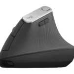 Graphite and silver Logitech MX Vertical mouse seen from the side, standing at its upright handshake angle