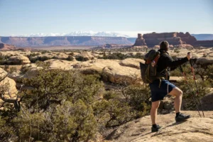 A man hiking with poles in a desert with mountains behind