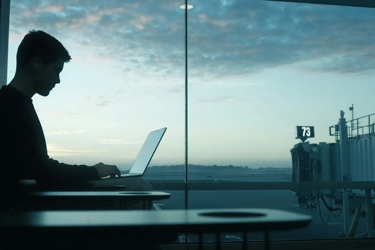 A man working on a laptop by an airport window at sunrise