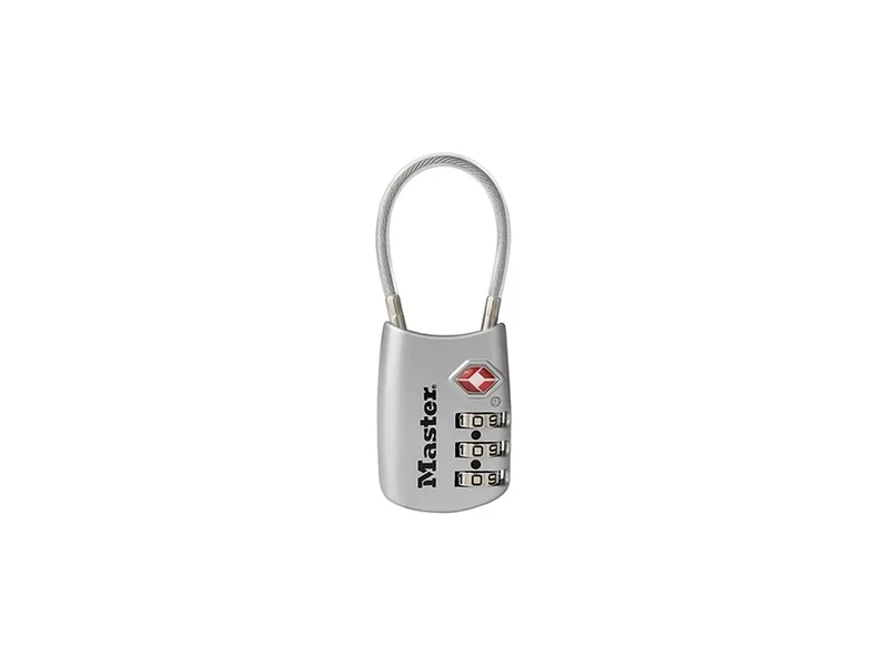 Master Lock 4688D silver TSA combination lock with a flexible cable shackle for a backpack zipper