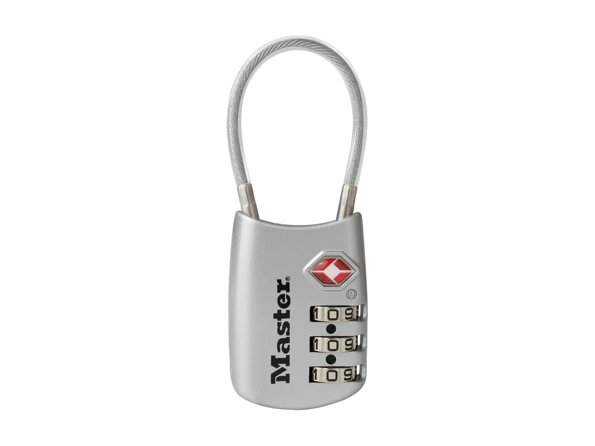 Master Lock 4688D TSA-kofferslot in zilver met een flexibele kabelbeugel en drie cijferschijven