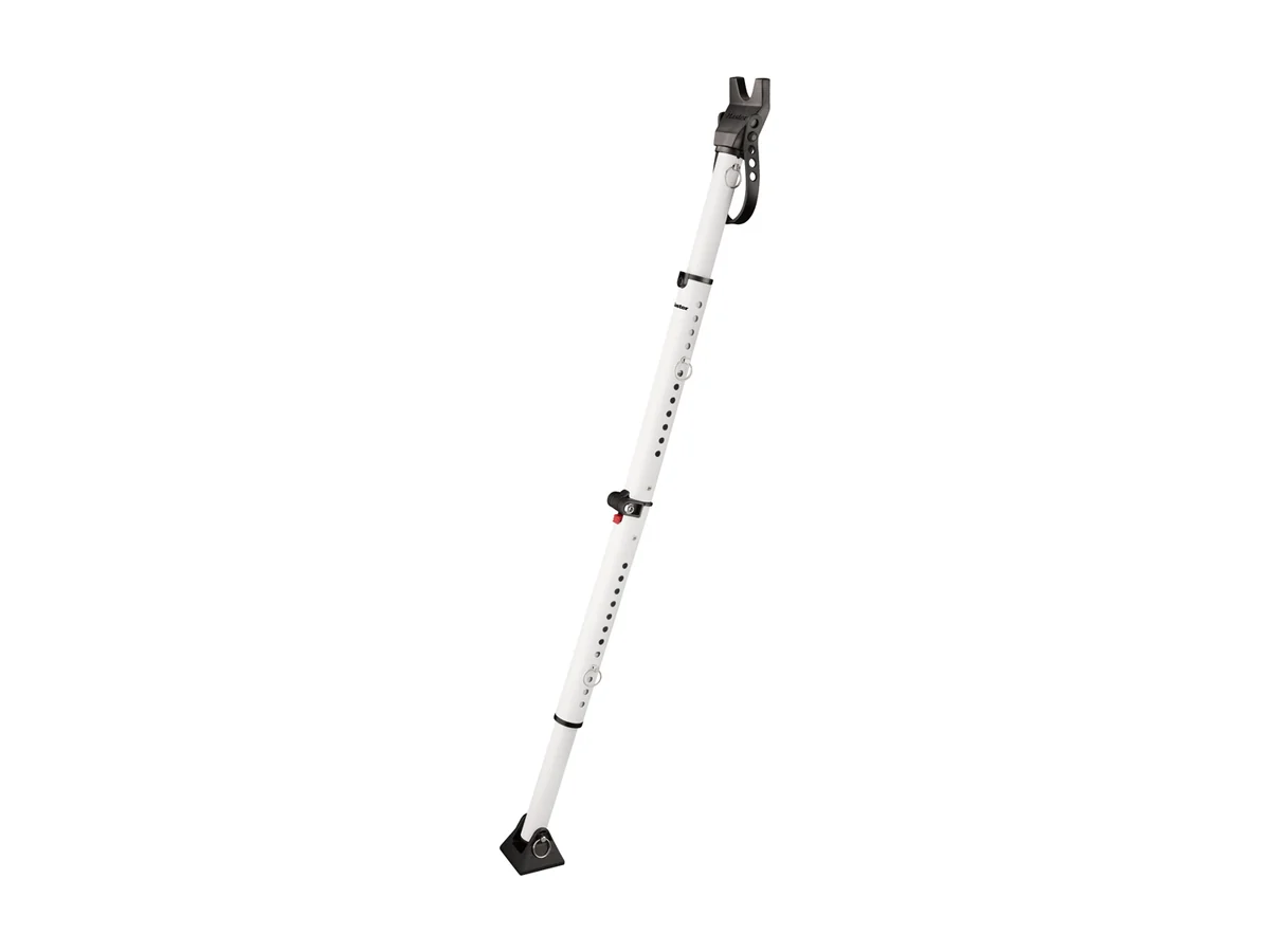 Opvouwbare deurbeveiligingsstang Master Lock 270D in wit, uitgeschoven met een zwarte rubberen voet