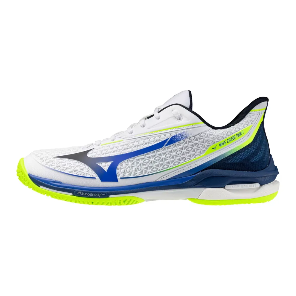 Zapatilla de pista Mizuno Wave Exceed Tour 7 AC en blanco, azul y amarillo neón, vista lateral