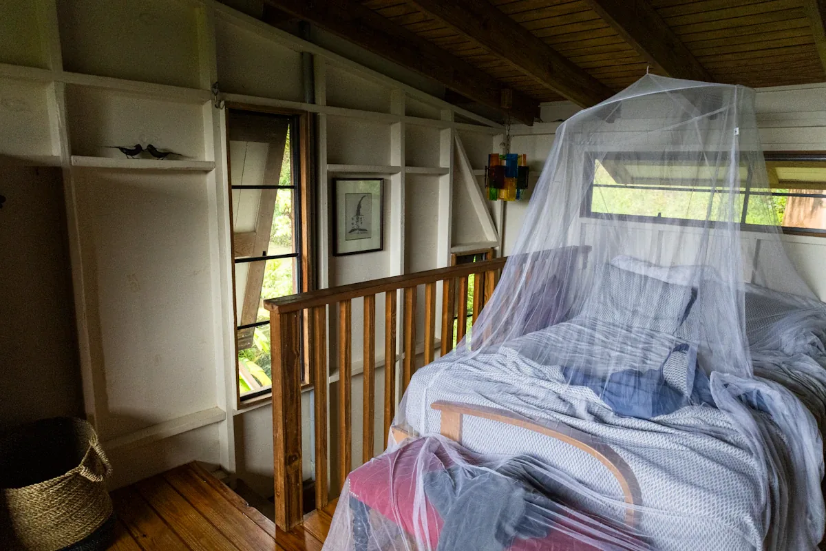 Een bed onder een wit muskietennet in een houten kamer met schappen en een raam
