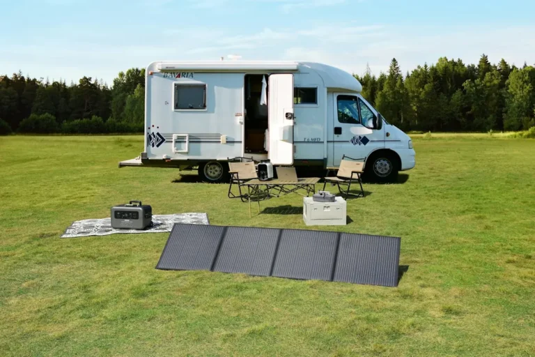 Motorhome parked on grass with a folding solar panel and a power station set up outside