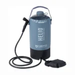 NEMO Helio pressure shower, a grey reservoir with a hose and a foot pump
