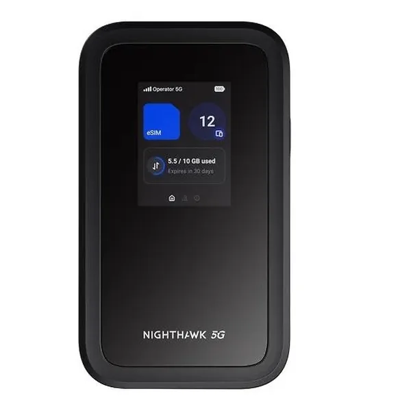 NETGEAR Nighthawk 5G M7 mobile hotspot, front view with its small display