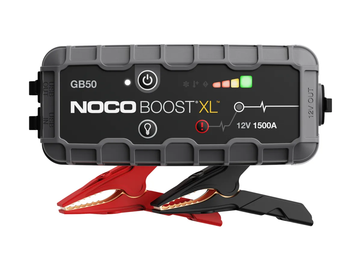 NOCO Boost XL GB50 lithium jump starter with red and black clamps