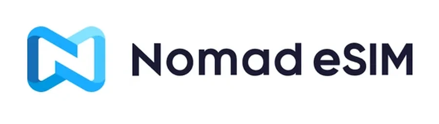 Nomad eSIM logo, blue N symbol with the words Nomad eSIM, on a white background