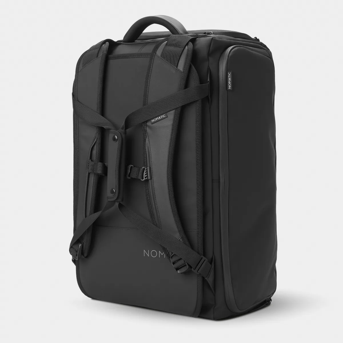Black NOMATIC Travel Bag 40L convertible duffel backpack, angled back view