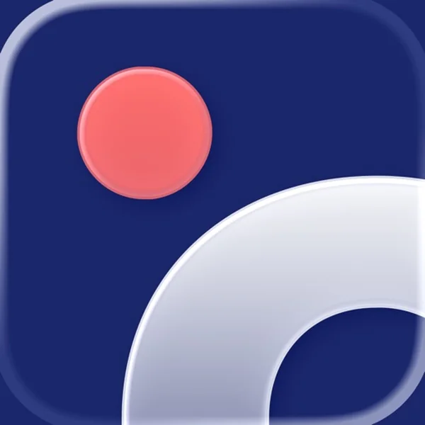 Omio app icon, a blue and a red triangle on a light background