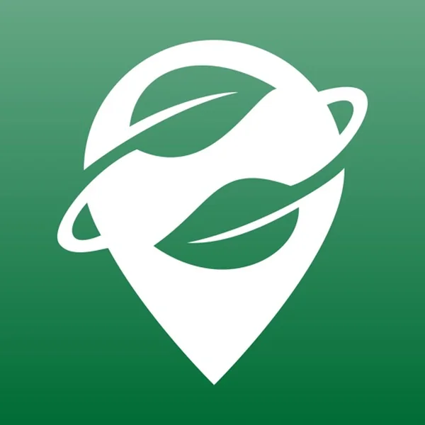 Organic Maps app icon, a white pin with two green leaves on a green background