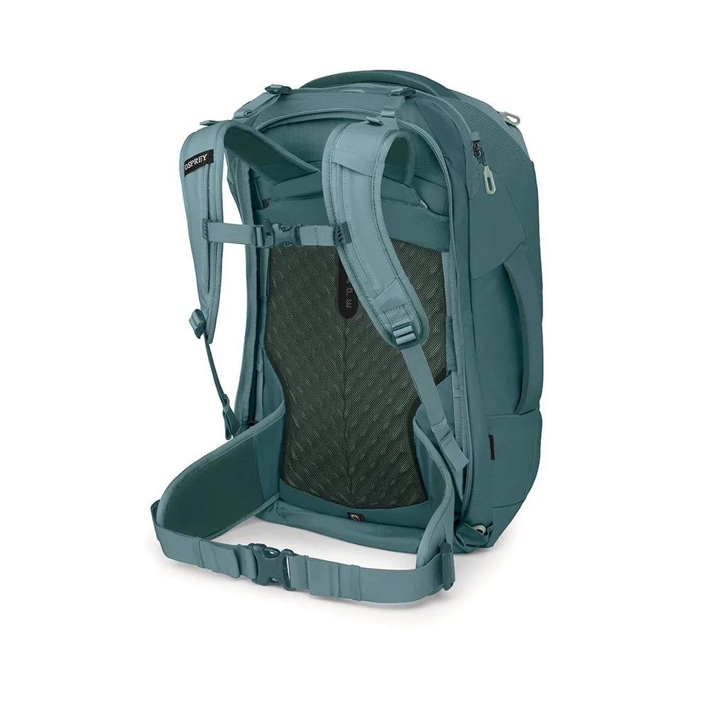 Back panel, shoulder harness and hipbelt of the Osprey Fairview 40 travel backpack
