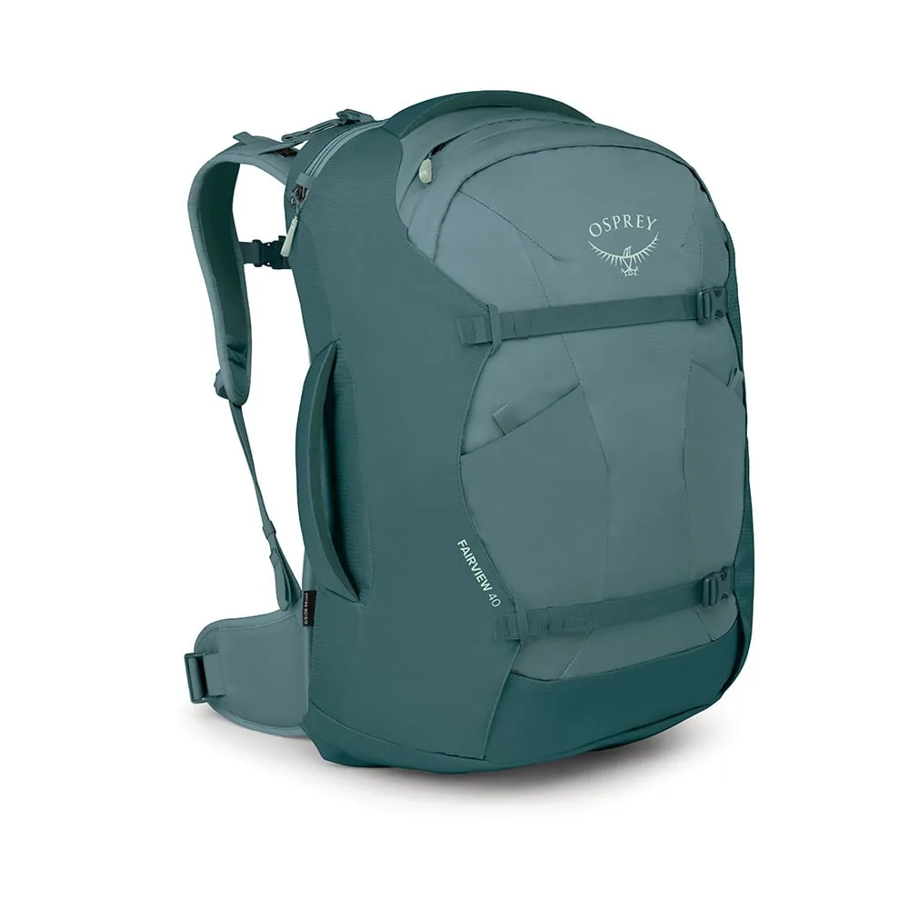 Teal Osprey Fairview 40 travel backpack in three-quarter view with compression straps and hipbelt