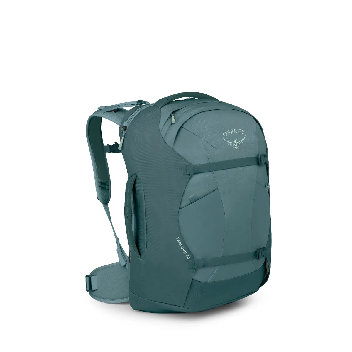 Teal Osprey Farpoint 40 travel backpack in three-quarter view with compression straps and hipbelt