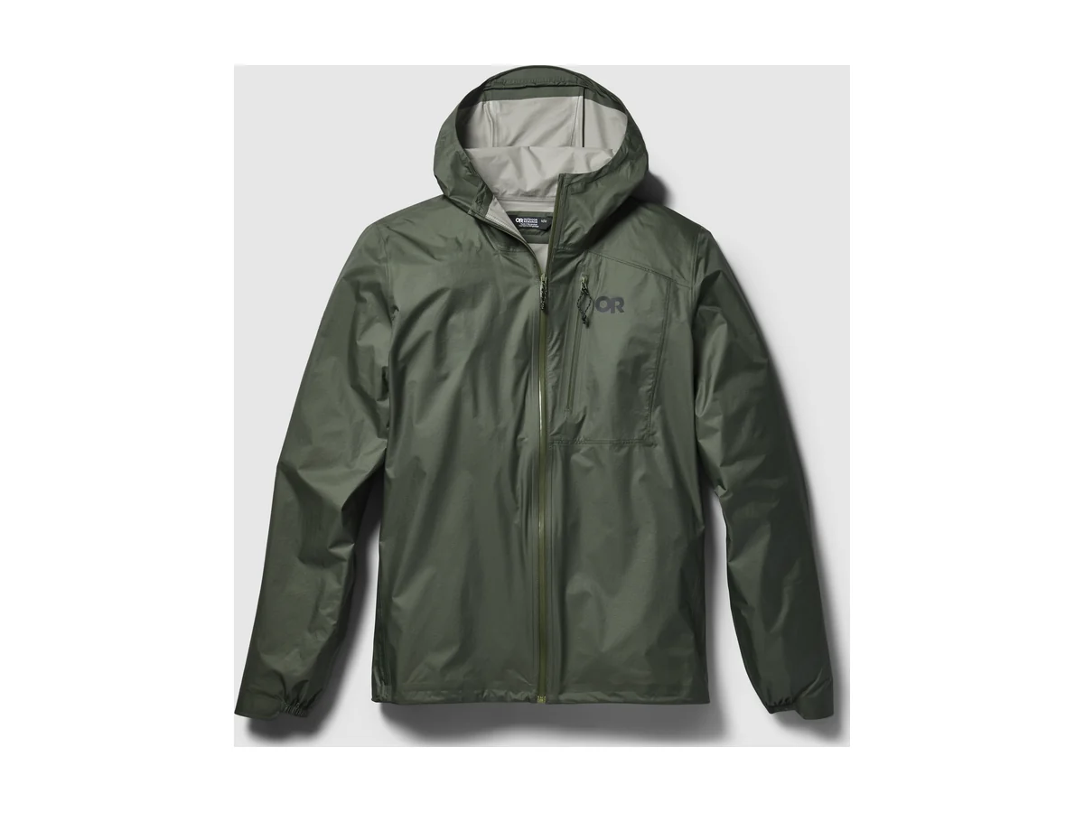 Outdoor Research Helium UL rain jacket in dark green