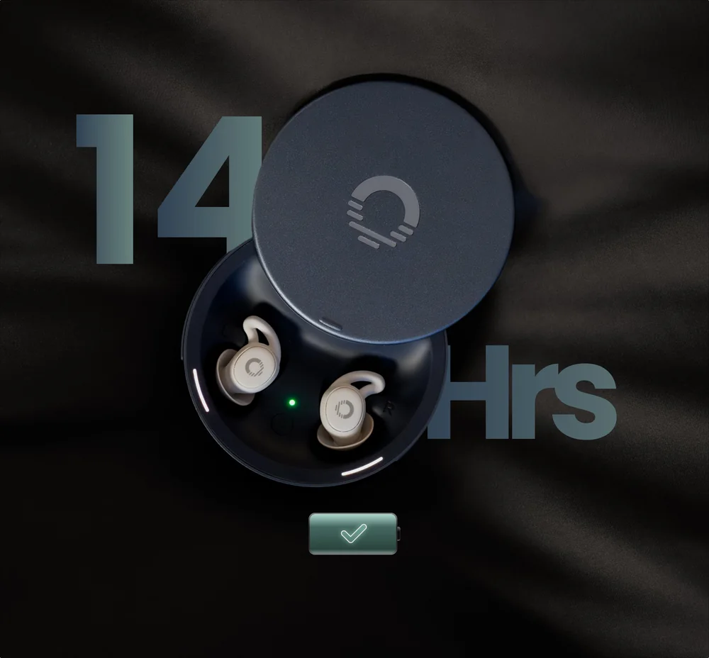 Ozlo Sleepbuds 2 in their smart case on dark fabric with a large 14 hours battery label and a green check