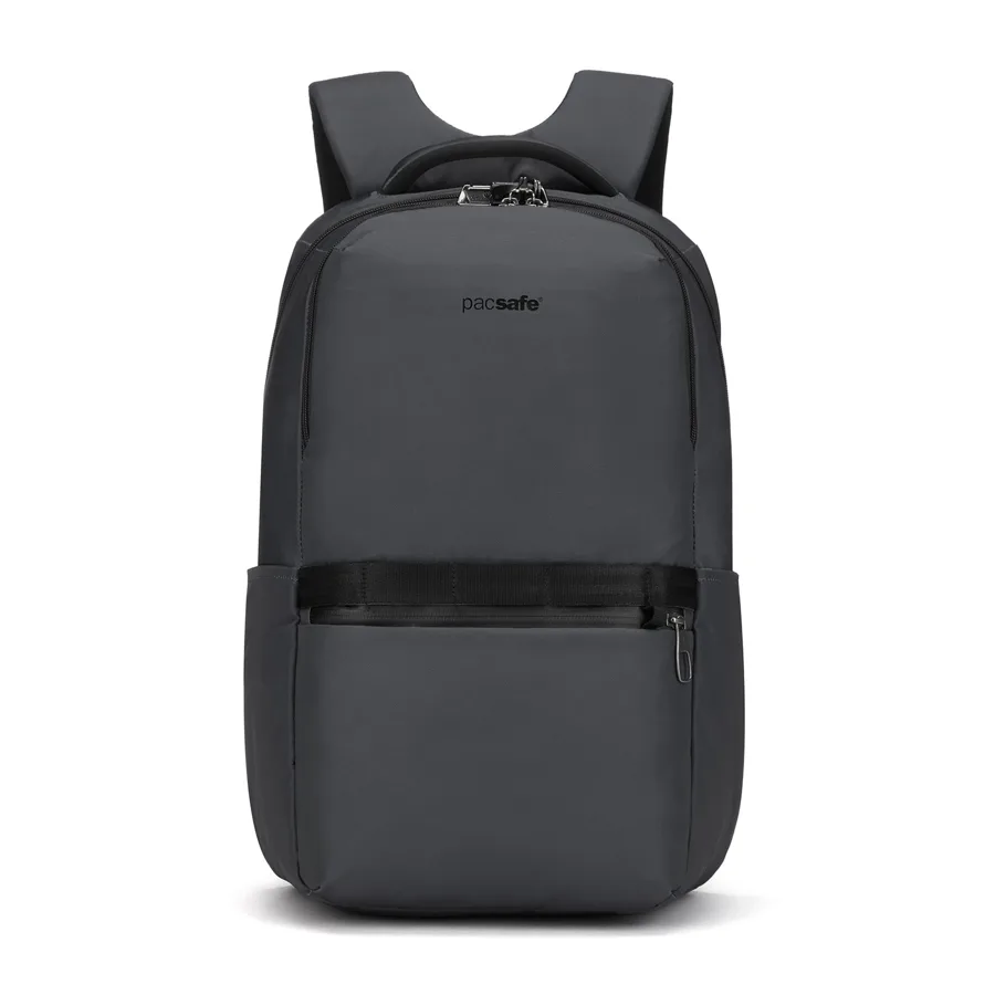 Slate grey Pacsafe Metrosafe X 25L anti-theft backpack seen from the front with a cut-resistant strap across the lower pocket