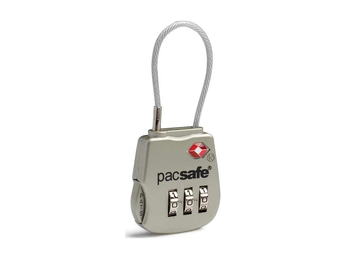 Zilveren Pacsafe Prosafe 800 TSA-kabelslot met drie cijferschijven