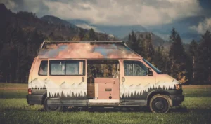 Painted camper van parked in a meadow with forested mountains behind it