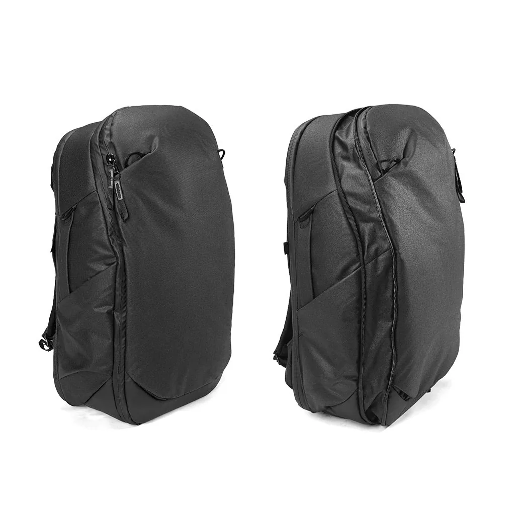 Two views of the black Peak Design Travel Backpack 30L, front and side