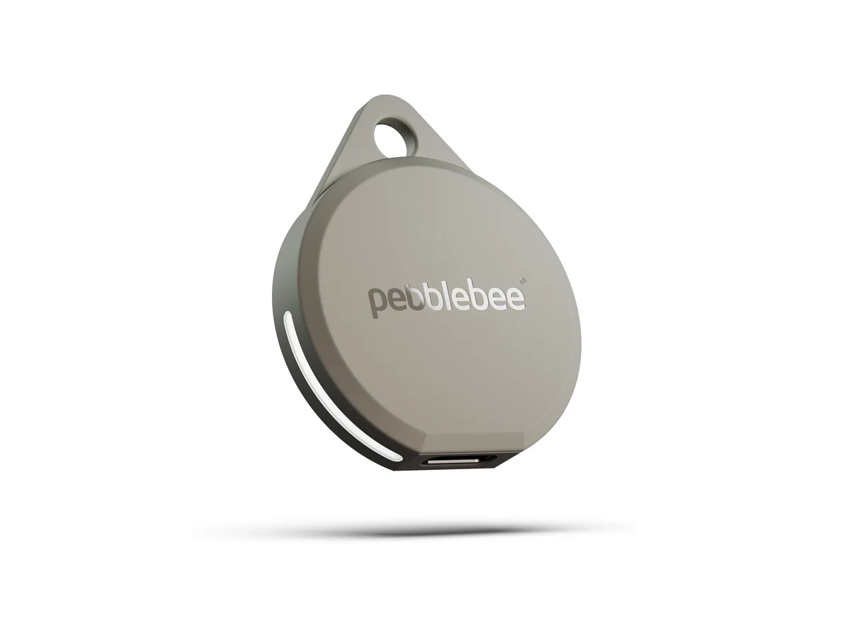 Pebblebee Clip 5 Bluetooth tracker with a key ring loop and a USB-C port