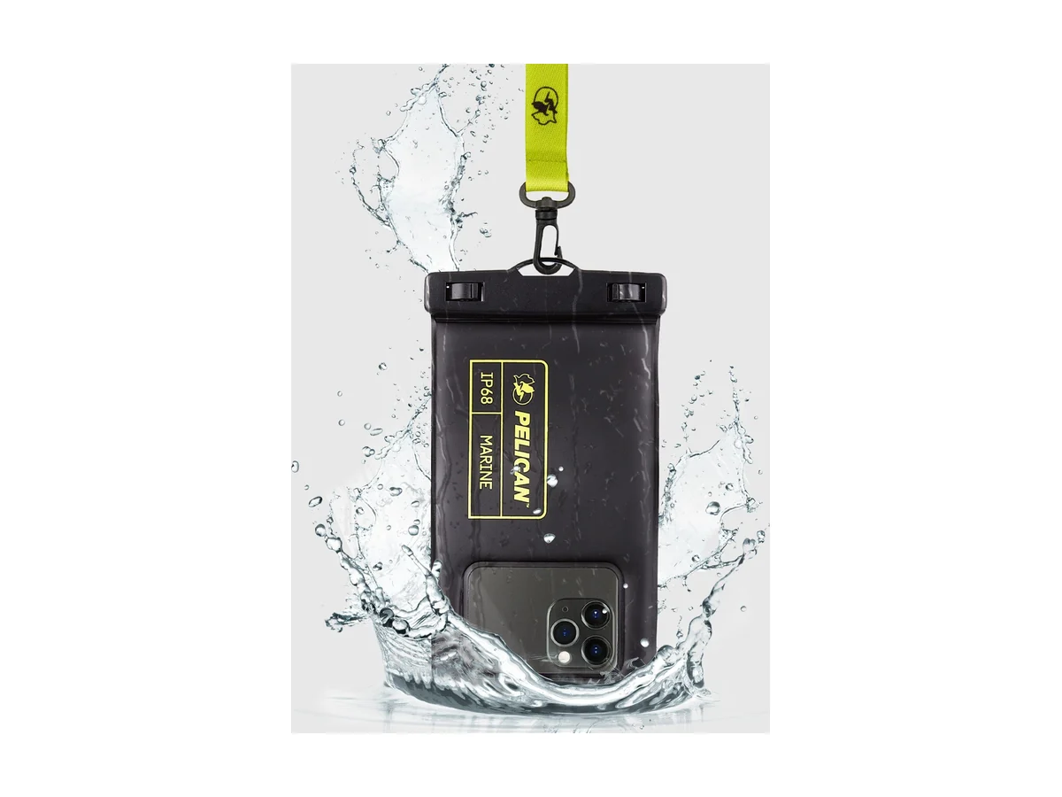Pelican Marine waterdichte telefoonhoes, Regular, zwart met een gele polsband