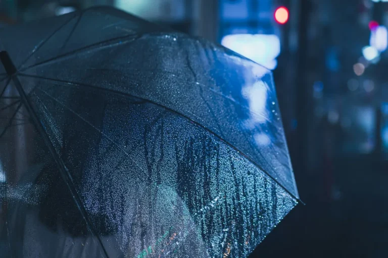 A person holding an umbrella on a rainy city street at night in blue light