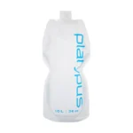 Platypus SoftBottle 1 L doorzichtige zachte fles met een witte dop en blauwe Platypus-belettering
