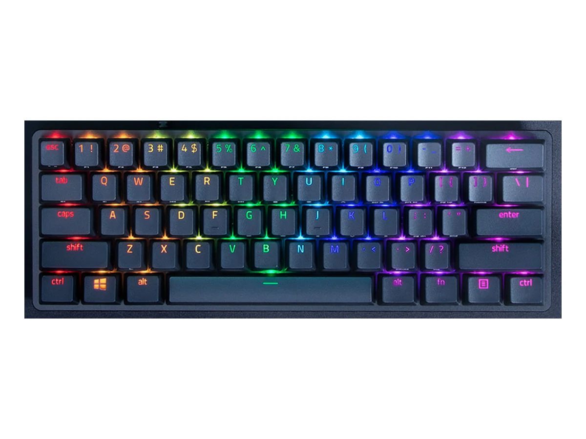 Razer Huntsman Mini 60 percent compact mechanical keyboard with colour backlight, seen from above