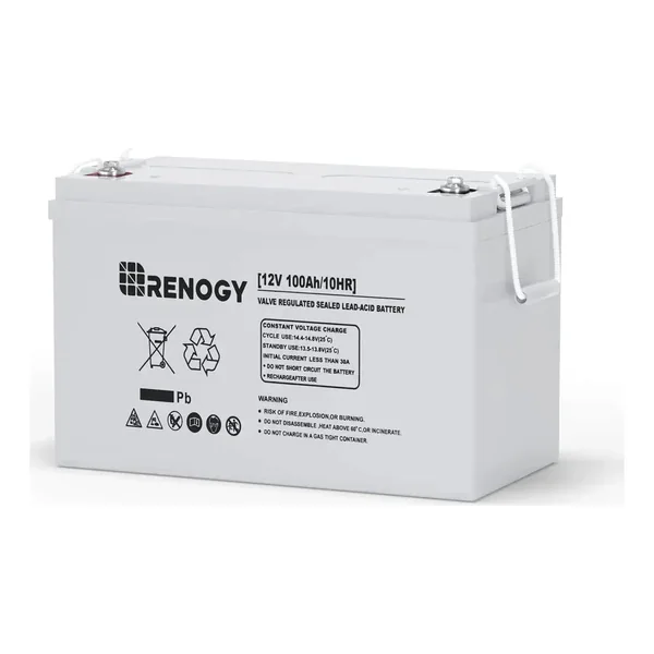 Grey Renogy 12V 100Ah deep cycle AGM battery with two carry handles