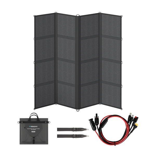 Renogy 400W portable solar panel blanket unfolded, with carry bag, straps and 4-in-1 cable