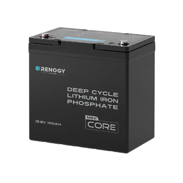 Schwarze Renogy Core Mini 12,8V 100Ah Deep-Cycle-Lithium-Eisenphosphat-Batterie von vorne und von der Seite gesehen