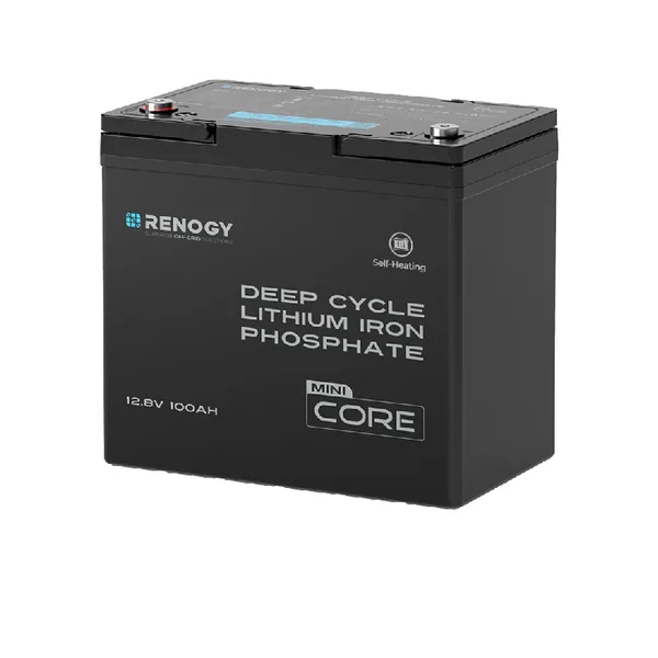 Schwarze Renogy Core Mini DuoHeat 12,8V 100Ah selbstheizende Lithium-Eisenphosphat-Batterie mit Self-Heating-Symbol