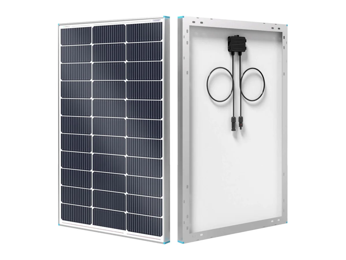 Renogy N-Type 100W solar panel, front and back view