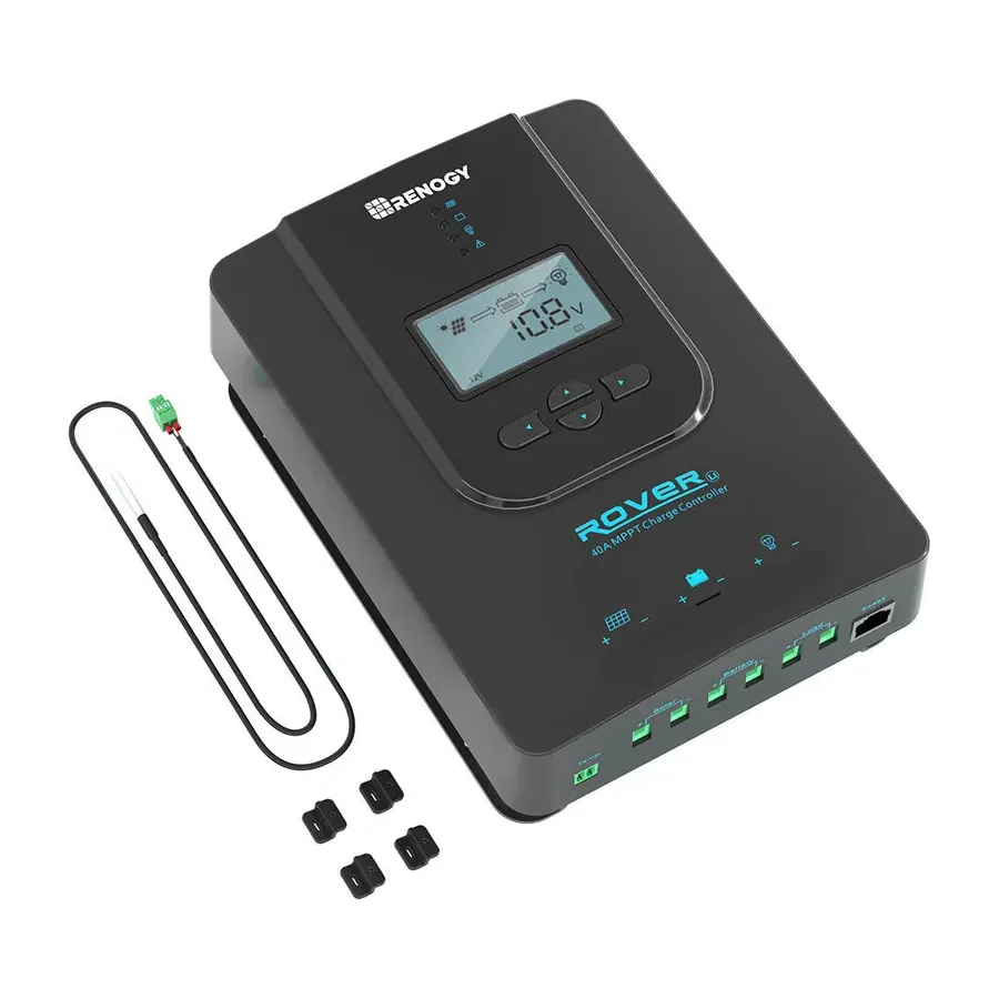 Black Renogy Rover 40A MPPT solar charge controller with LCD screen, temperature sensor and mounting brackets