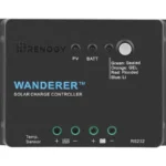 Black Renogy Wanderer Li 30A PWM solar charge controller with green terminals and a button to pick the battery type