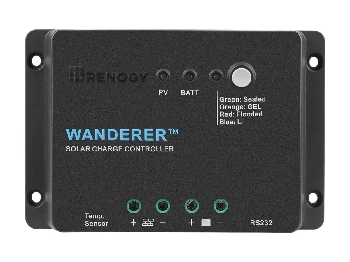 Black Renogy Wanderer Li 30A PWM solar charge controller with green terminals and a button to pick the battery type
