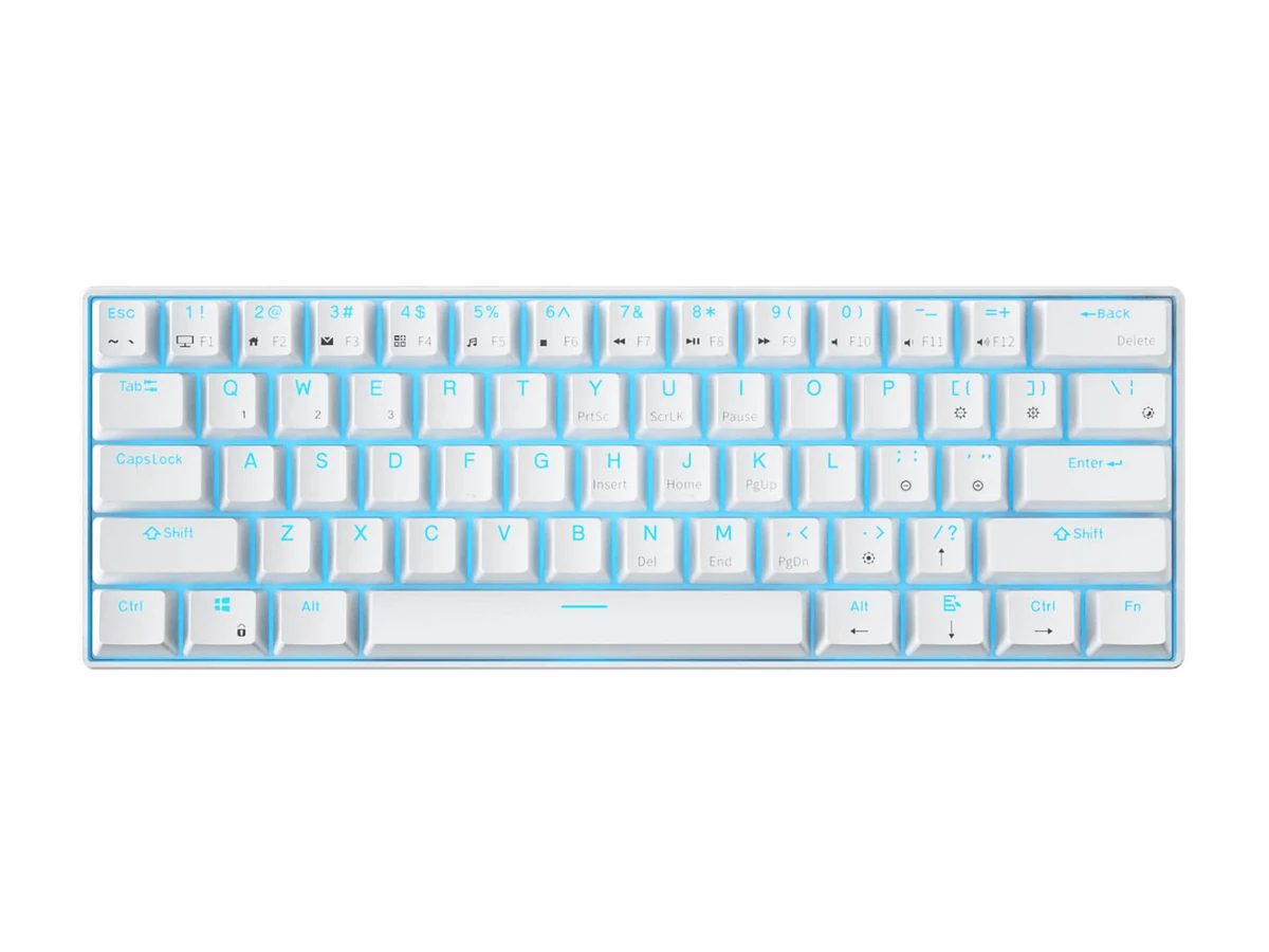 Royal Kludge RK61 white 60 percent wireless mechanical keyboard with blue backlight, seen from above